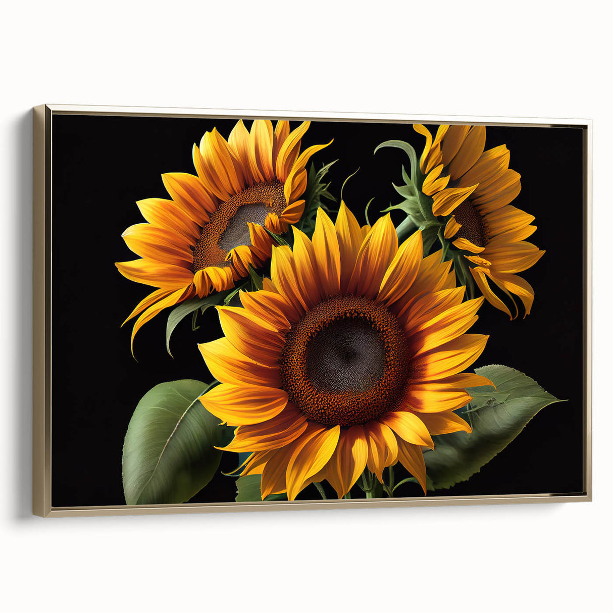 Framed canvas artwork showcasing a botanical sunflower design with vibrant yellow petals and a gold frame, perfect for home decor. Ideal for adding a touch of nature to any room.