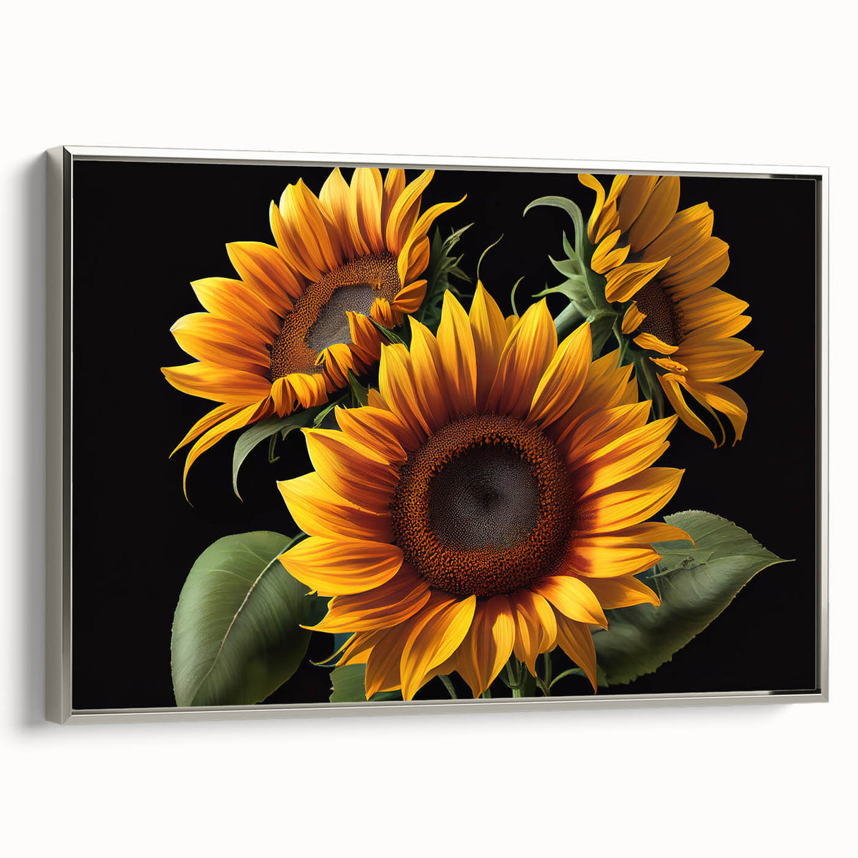 Framed botanical wall art featuring a vibrant sunflower design with a silver frame, showcasing intricate details and colorful petals, perfect for home decor.