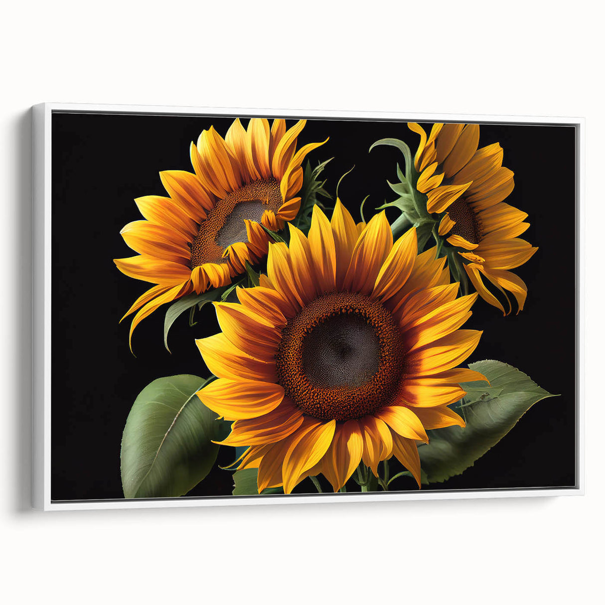 Framed canvas wall art featuring a vibrant botanical sunflower design, showcasing detailed yellow petals and green leaves, set against a white background for a modern touch. Ideal for brightening up living spaces or adding a nature-inspired accent to home decor.