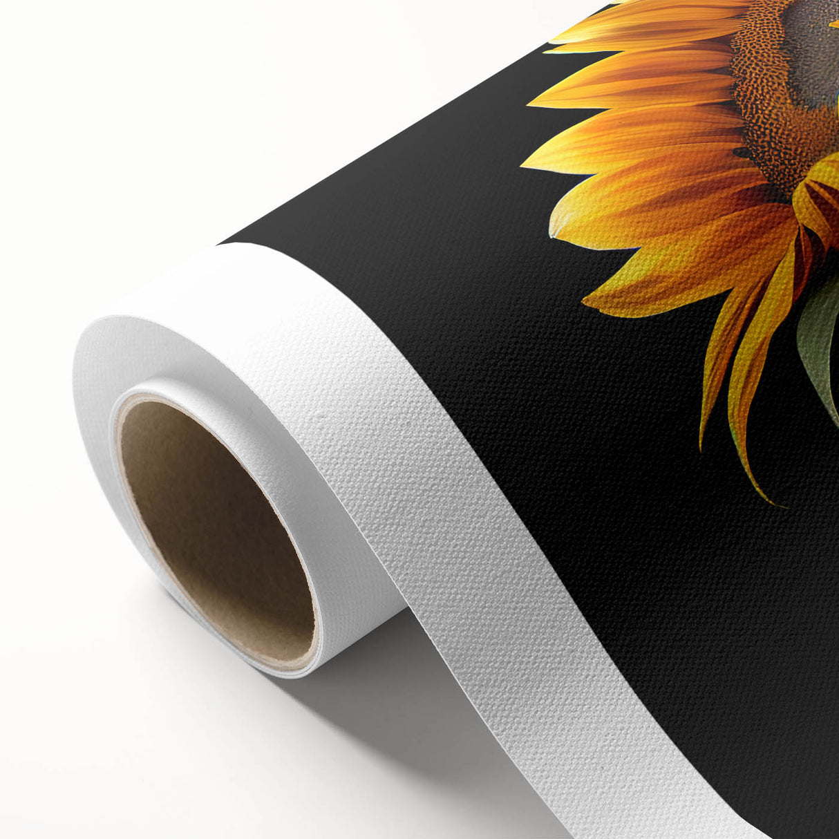 Vibrant botanical wall art showcasing a detailed sunflower design on rolled canvas, perfect for home decor, featuring rich yellows and greens for a lively touch.