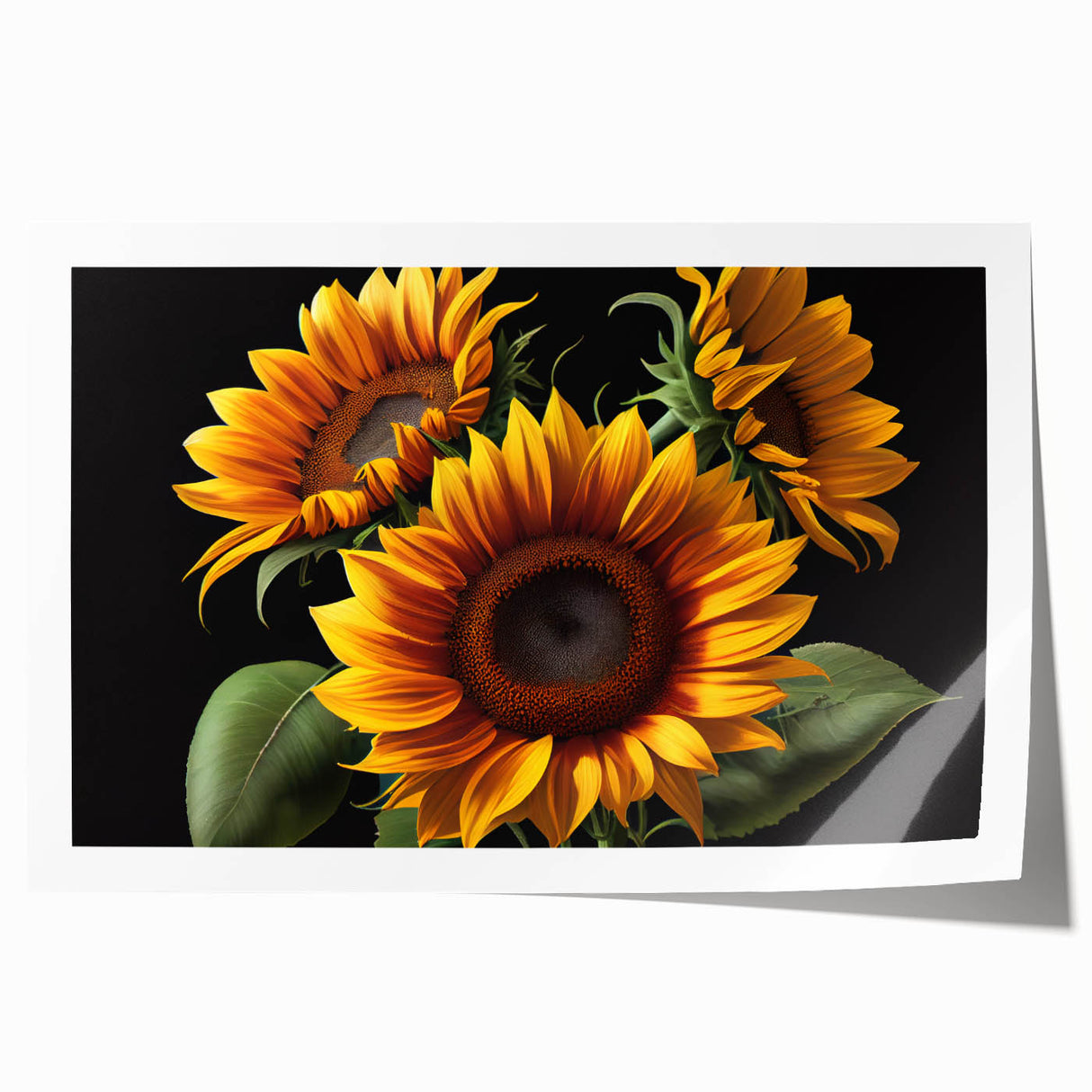 Vibrant botanical sunflower wall art print featuring detailed yellow and green floral designs, perfect for home decor or art enthusiasts, rolled for easy display.