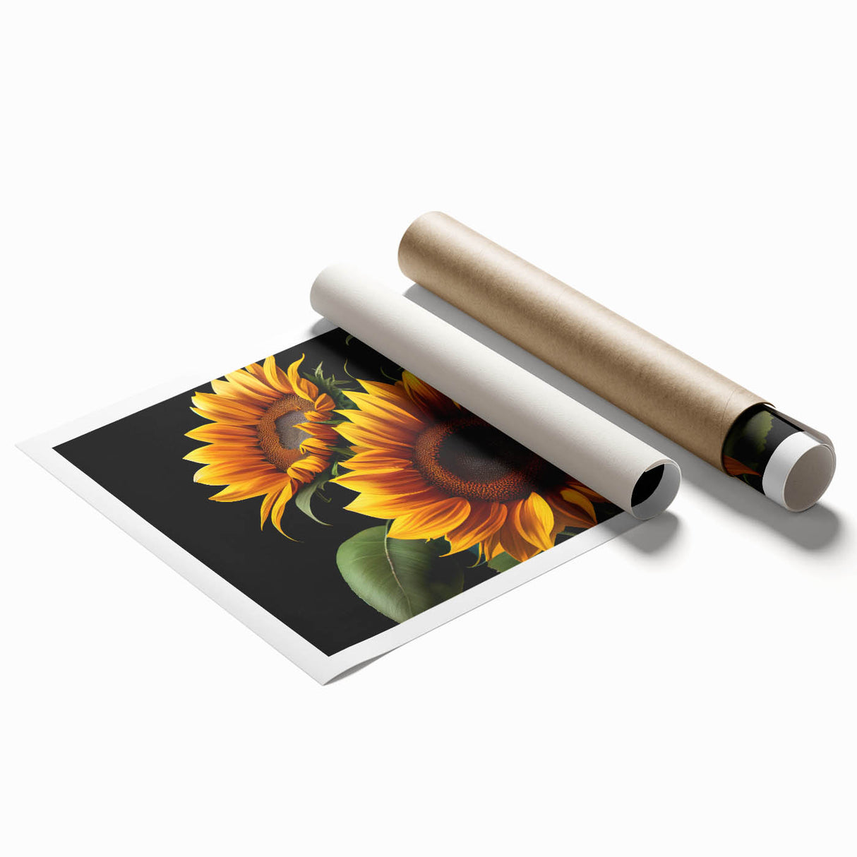 Bright and vibrant botanical sunflower wall art print showcasing intricate details of sunflower petals and leaves, rolled for easy framing and display.