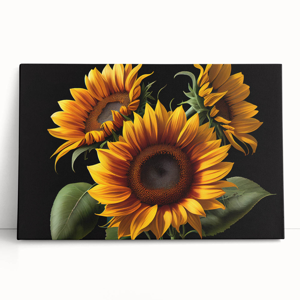Stretched canvas wall art showcasing a vibrant sunflower design, featuring bold yellow petals and intricate details, ideal for brightening home decor with a botanical theme. Perfect for nature lovers and art enthusiasts alike.
