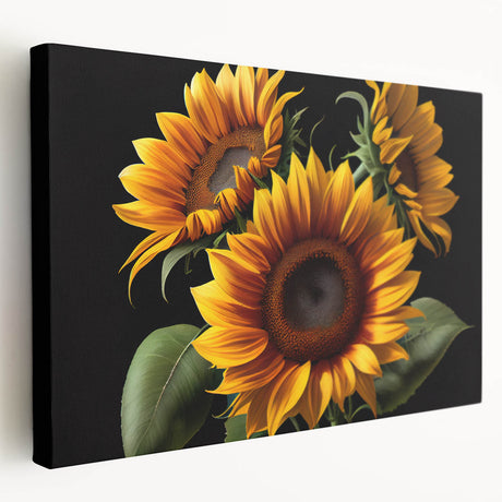 Stretched canvas wall art showcasing a vibrant, botanical sunflower design with rich yellow petals and green foliage, ideal for brightening home decor.