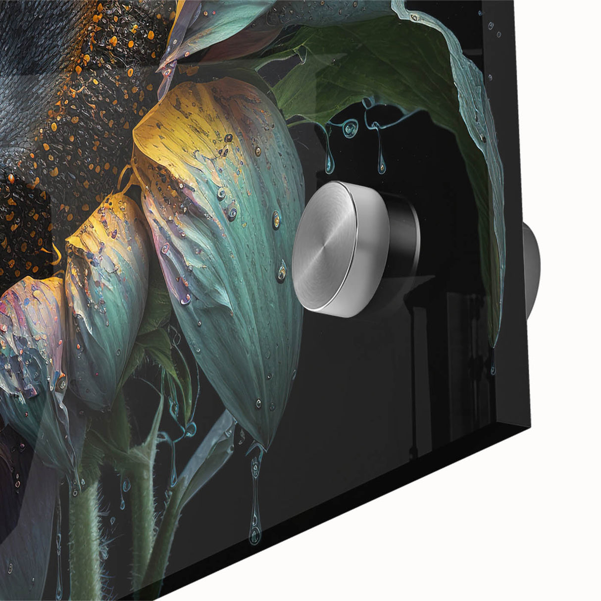 Close-up of vibrant sunflower wall art design, showcasing intricate details and textures in acrylic glass format, perfect for brightening any space.