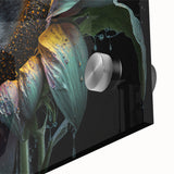 Close-up of vibrant sunflower wall art design, showcasing intricate details and textures in acrylic glass format, perfect for brightening any space.