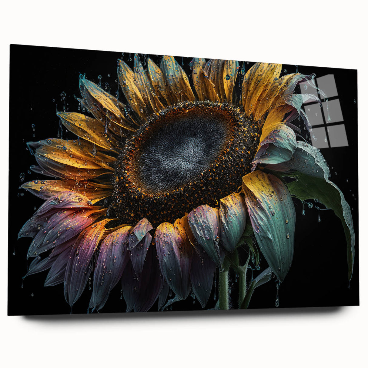 Acrylic glass wall art showcasing a vibrant botanical sunflower design, elegantly displayed in a side view. Ideal for brightening up home decor with its vivid colors and floral theme. Perfect addition for nature lovers and art enthusiasts alike.