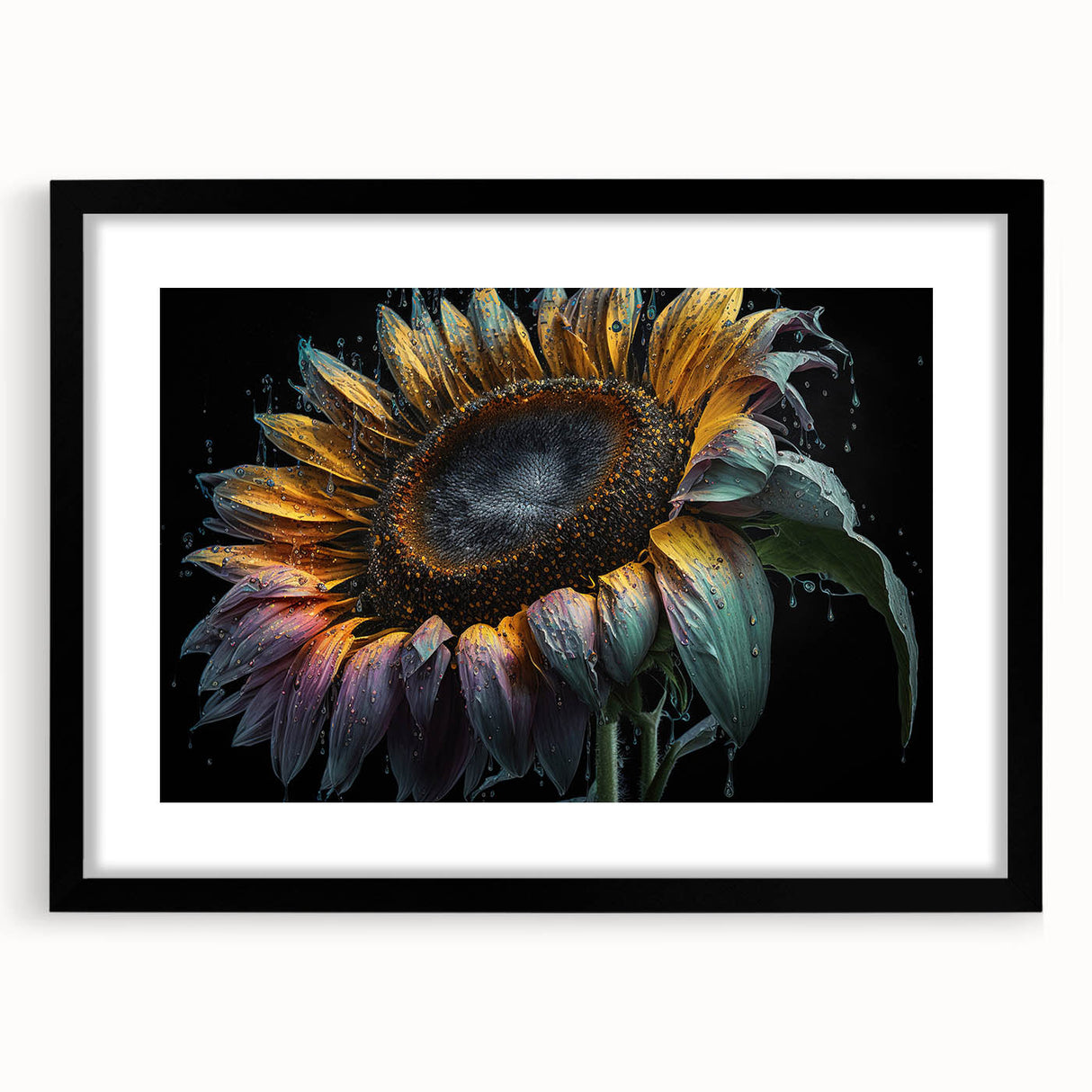 Botanical wall art featuring a vibrant sunflower design framed in black, perfect for home decor, emphasizing nature's beauty and artistic elegance.