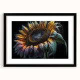 Botanical wall art featuring a vibrant sunflower design framed in black, perfect for home decor, emphasizing nature's beauty and artistic elegance.