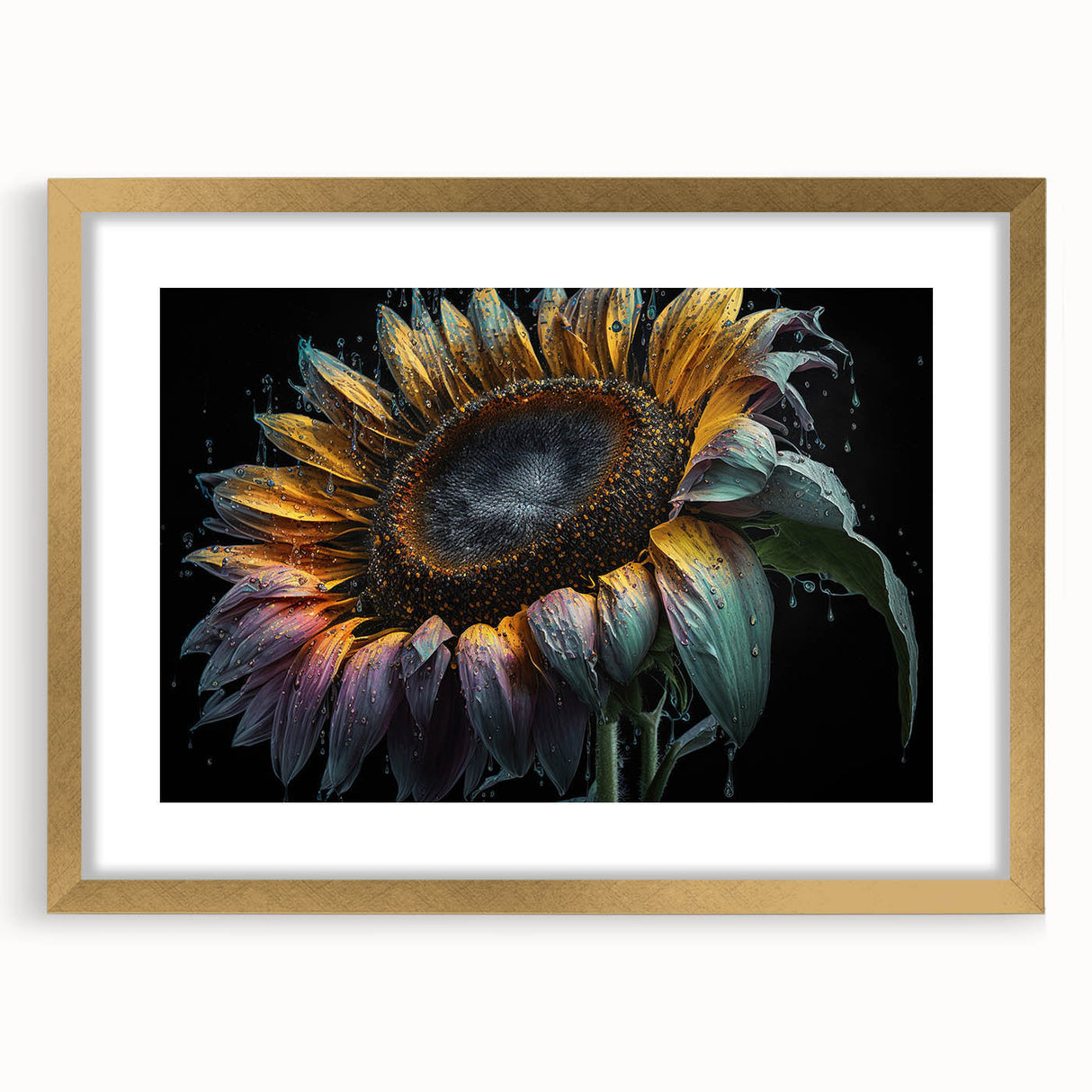 Botanical wall art print featuring a vibrant sunflower design, framed in elegant gold with a mat, ideal for home decor. Perfect for adding a touch of nature to living spaces.