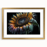 Botanical wall art print featuring a vibrant sunflower design, framed in elegant gold with a mat, ideal for home decor. Perfect for adding a touch of nature to living spaces.