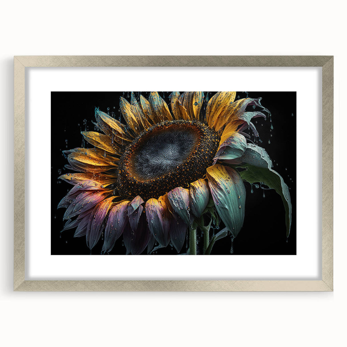 Botanical wall art featuring a vibrant sunflower design in a silver frame with a mat, perfect for enhancing home decor with a touch of nature.