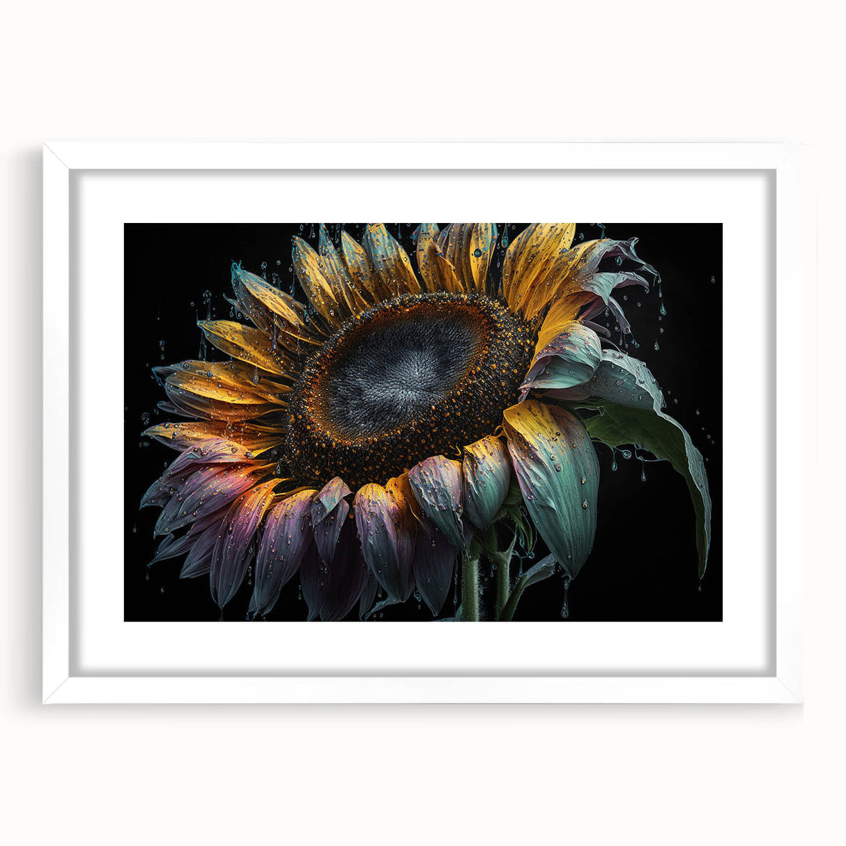 Botanical sunflower wall art framed in white with a mat, showcasing vibrant yellow flowers against a sleek design, perfect for home decor enhancement.
