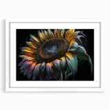 Botanical sunflower wall art framed in white with a mat, showcasing vibrant yellow flowers against a sleek design, perfect for home decor enhancement.