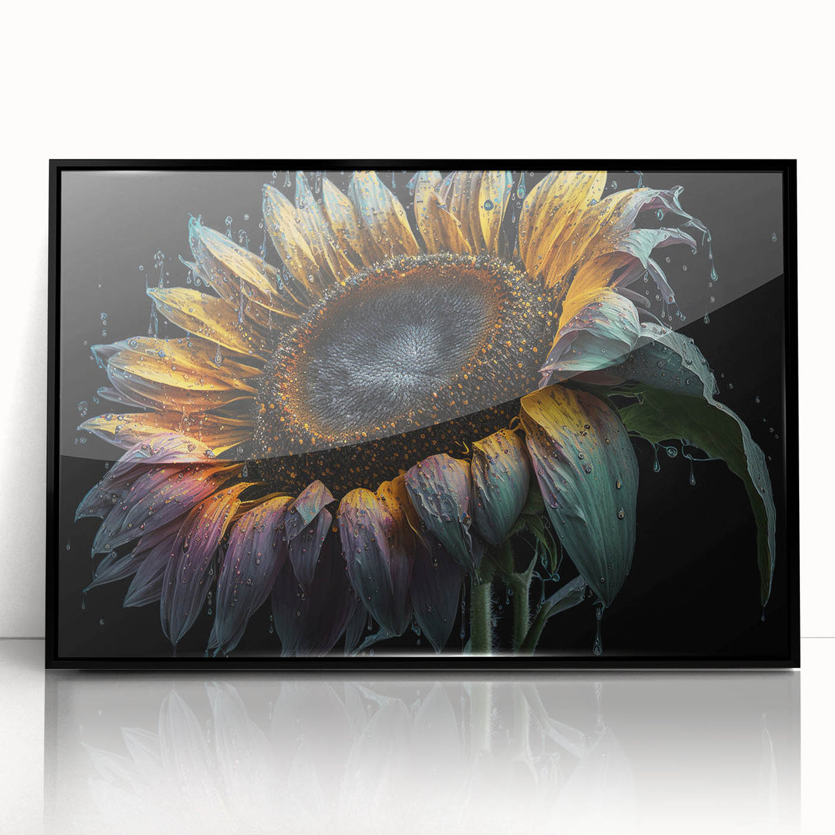 Framed acrylic wall art featuring a vibrant botanical sunflower design, showcasing intricate yellow petals and green leaves, ideal for home decor. Perfect for brightening up any space with a touch of nature-inspired elegance.