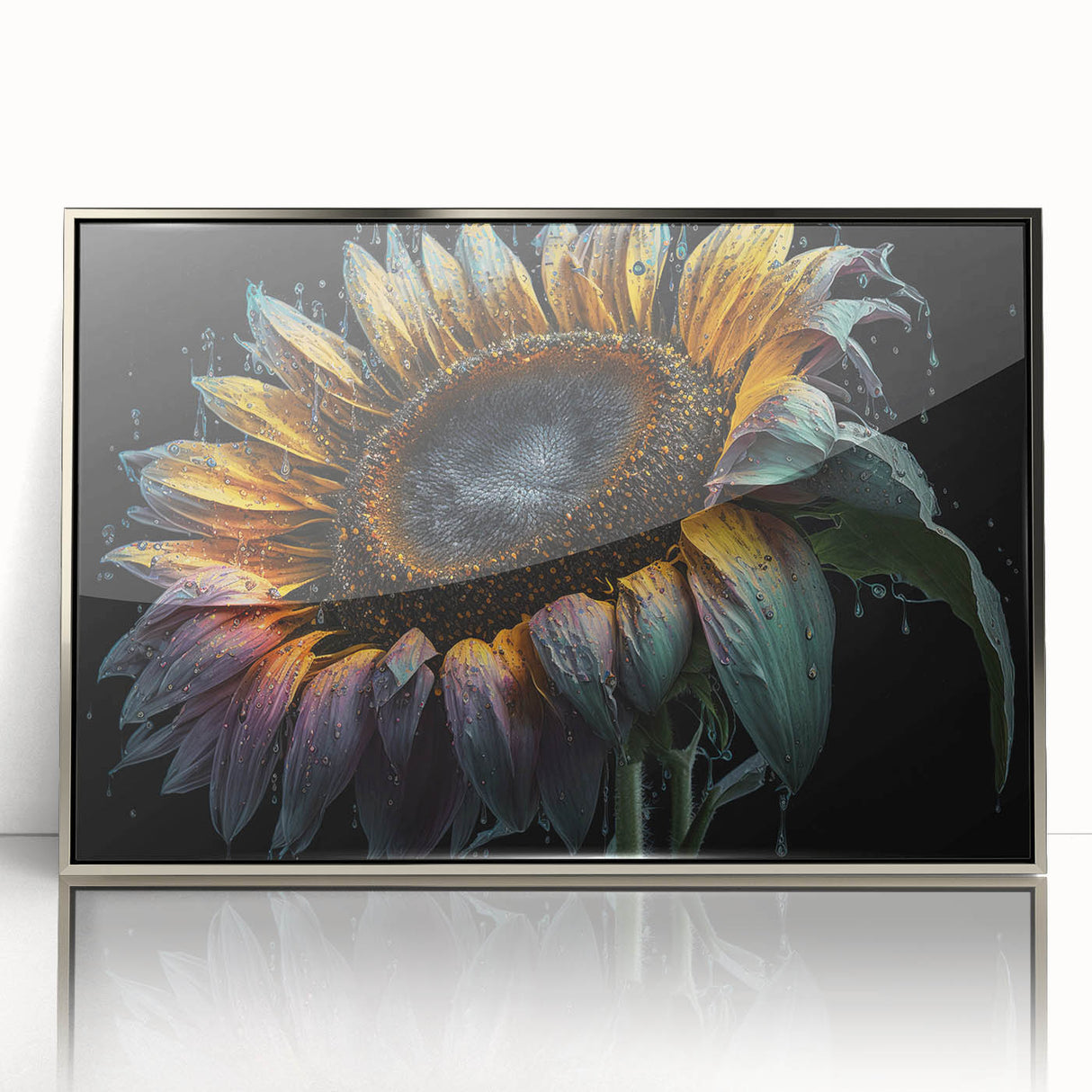 Framed botanical wall art showcasing a vibrant sunflower design with acrylic glass front, silver frame accentuating its colorful petals, perfect for home decor.