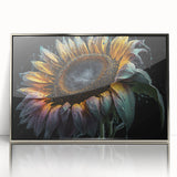 Framed botanical wall art showcasing a vibrant sunflower design with acrylic glass front, silver frame accentuating its colorful petals, perfect for home decor.