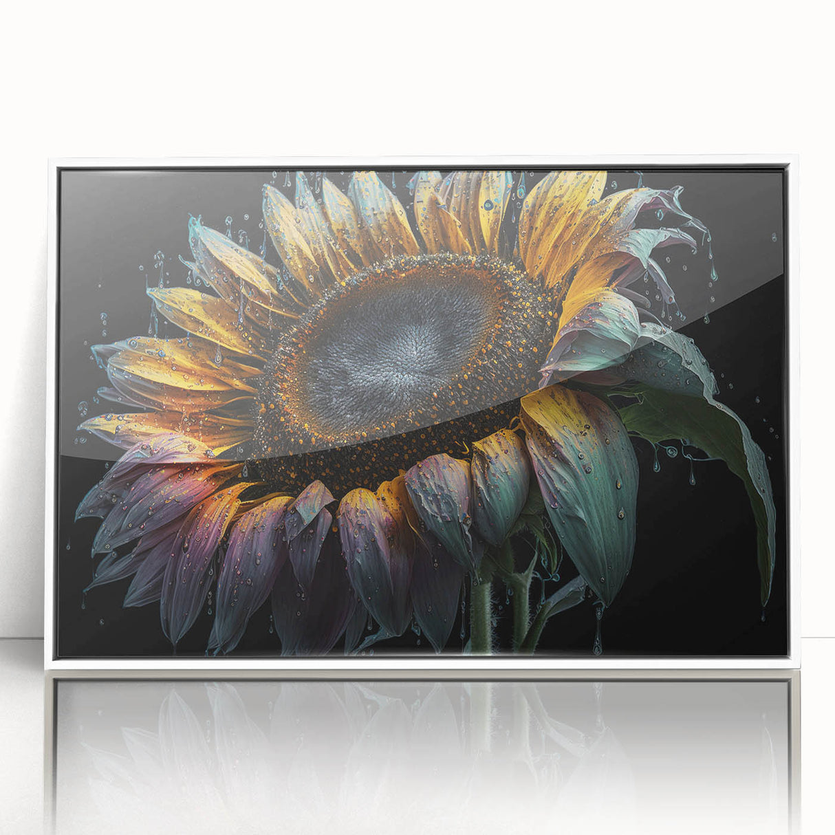 Framed botanical wall art featuring a vibrant sunflower design with a white border, perfect for brightening any room's decor and enhancing floral-themed interiors.