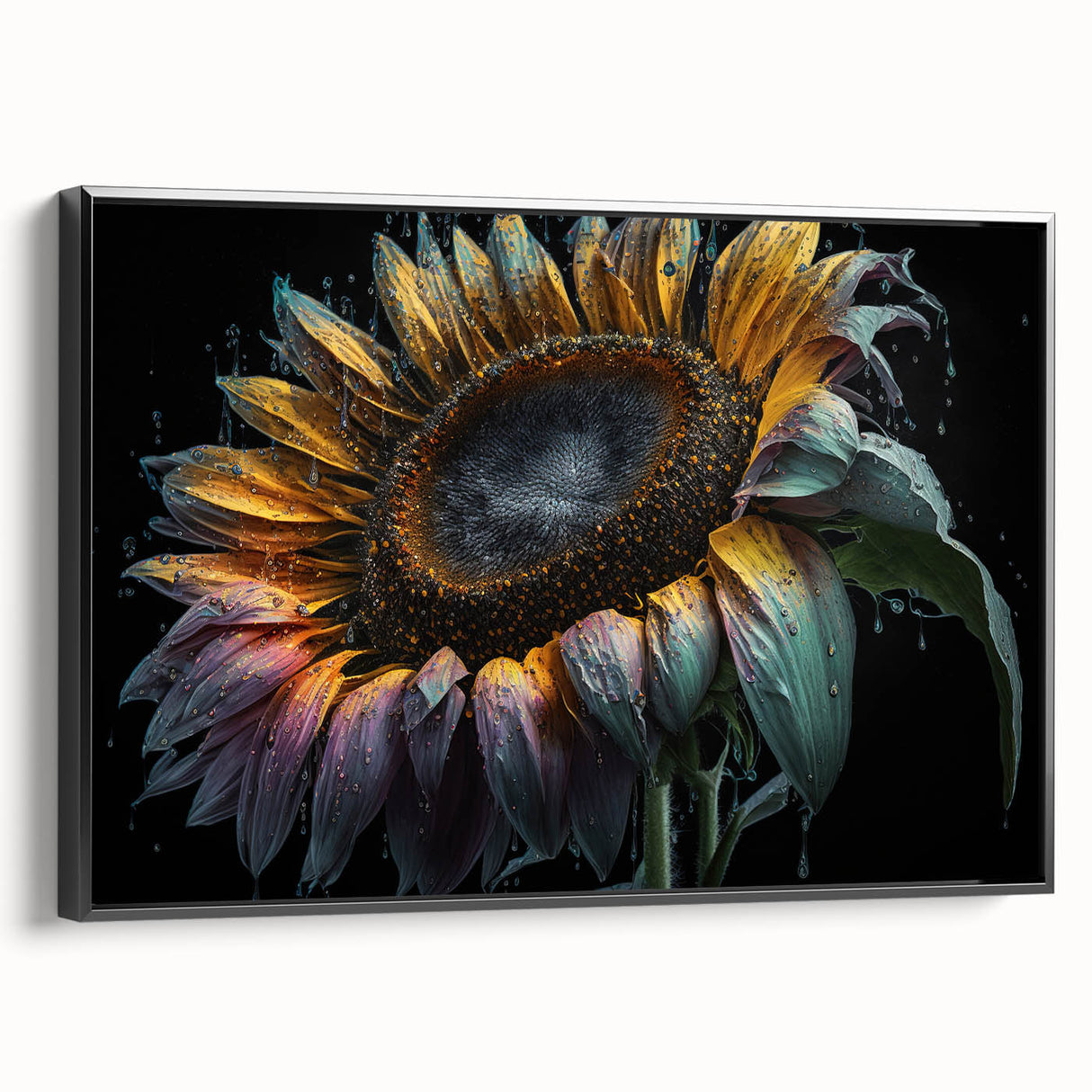 Framed botanical wall art featuring a vibrant sunflower design on canvas, set against a sleek black frame, showcasing a side view that highlights its texture and elegance. Perfect for enhancing home decor with a touch of nature-inspired beauty.