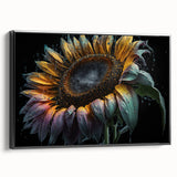 Framed botanical wall art featuring a vibrant sunflower design on canvas, set against a sleek black frame, showcasing a side view that highlights its texture and elegance. Perfect for enhancing home decor with a touch of nature-inspired beauty.