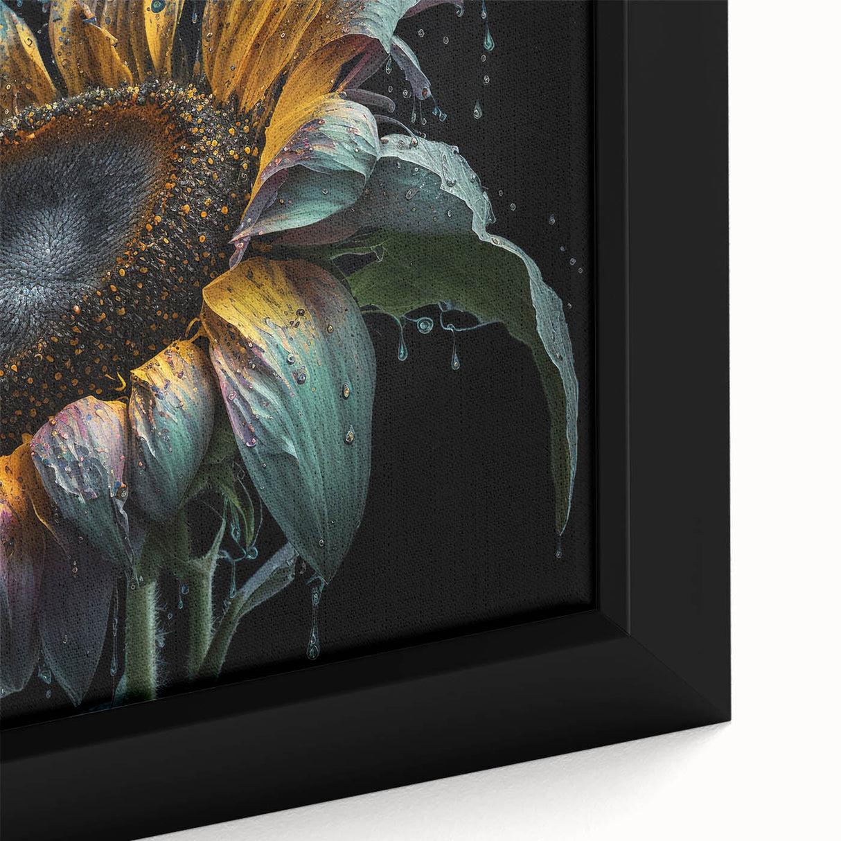 Close-up of a vibrant sunflower botanical wall art design, showcasing rich yellow petals and intricate details, framed for elegant home decor. Ideal for brightening any space with a touch of nature-inspired beauty.