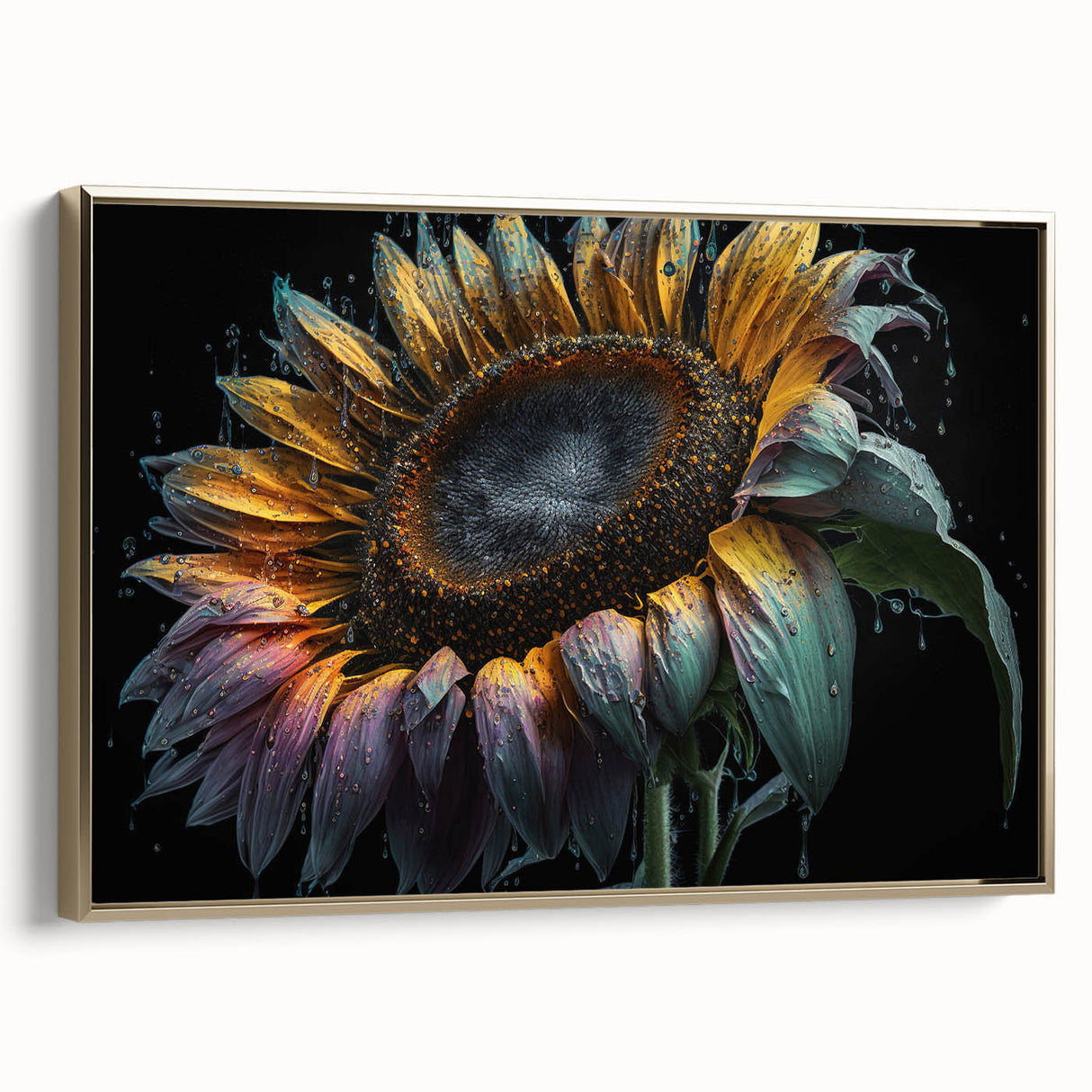 Framed wall art showcasing a beautifully detailed botanical sunflower design on canvas, featuring a gold frame that enhances its vibrant colors, perfect for home decor.