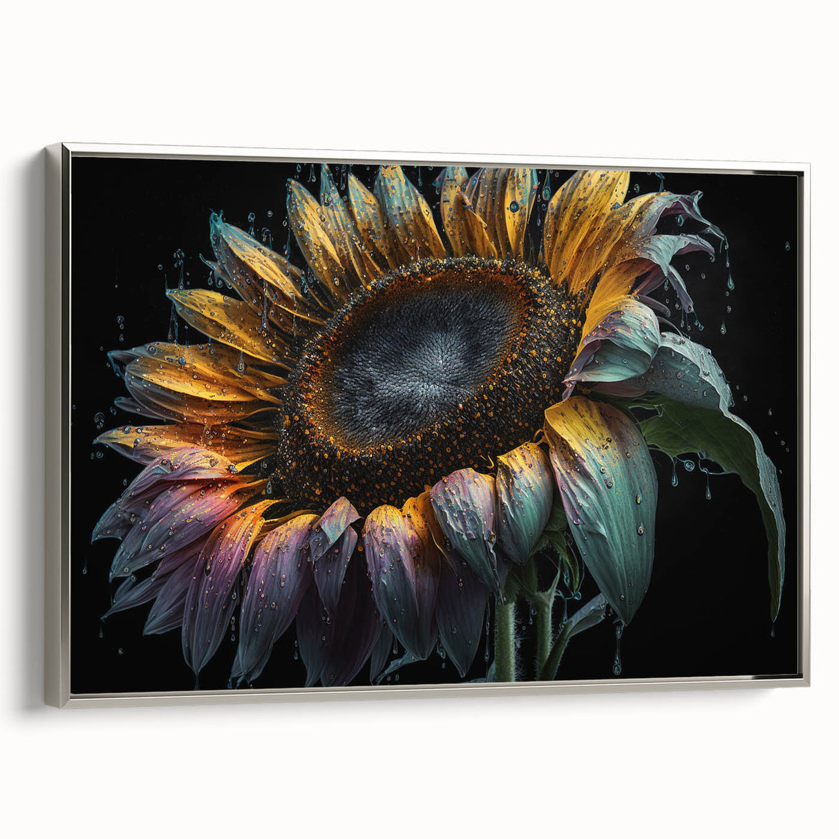 Framed canvas wall art showcasing a botanical sunflower design with a silver frame, perfect for adding vibrant, nature-inspired decor to any room.