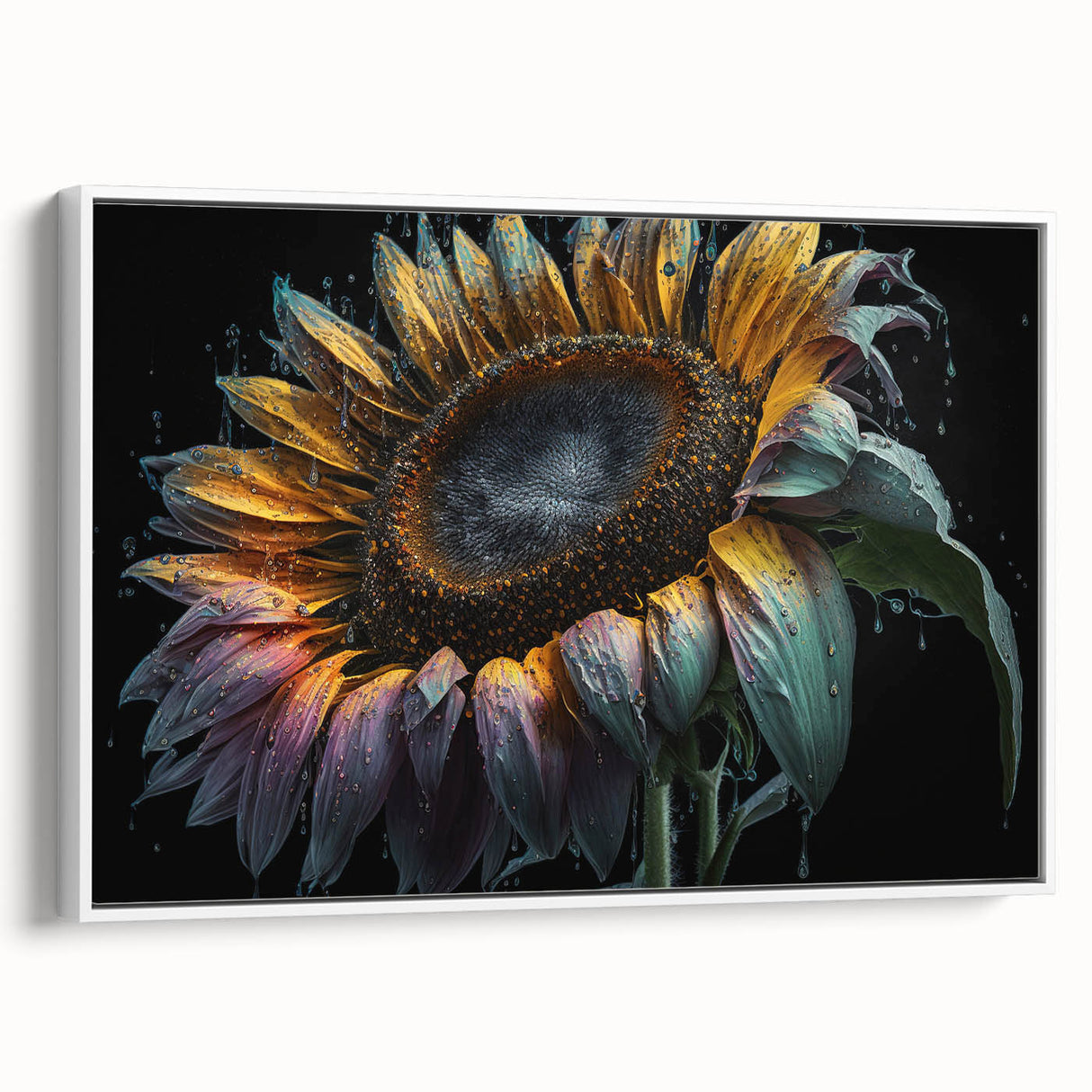 Framed canvas wall art showcasing a botanical sunflower design with vibrant yellow petals and a white frame, perfect for brightening home decor.