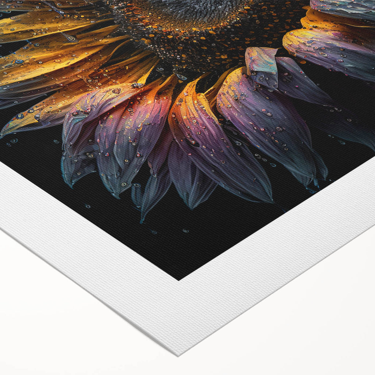Bright and vibrant rolled canvas wall art featuring a detailed sunflower botanical design, showcasing rich yellows and greens, perfect for home decor or gifts.