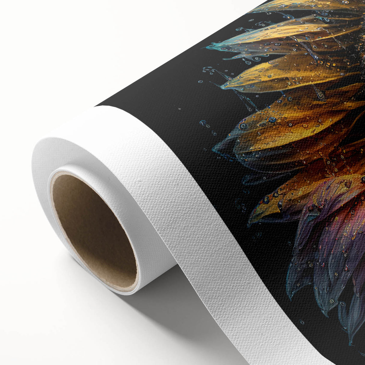 Vibrant rolled canvas print showcasing a detailed sunflower botanical design, perfect for home decor, featuring rich yellow and green hues, ready for framing.