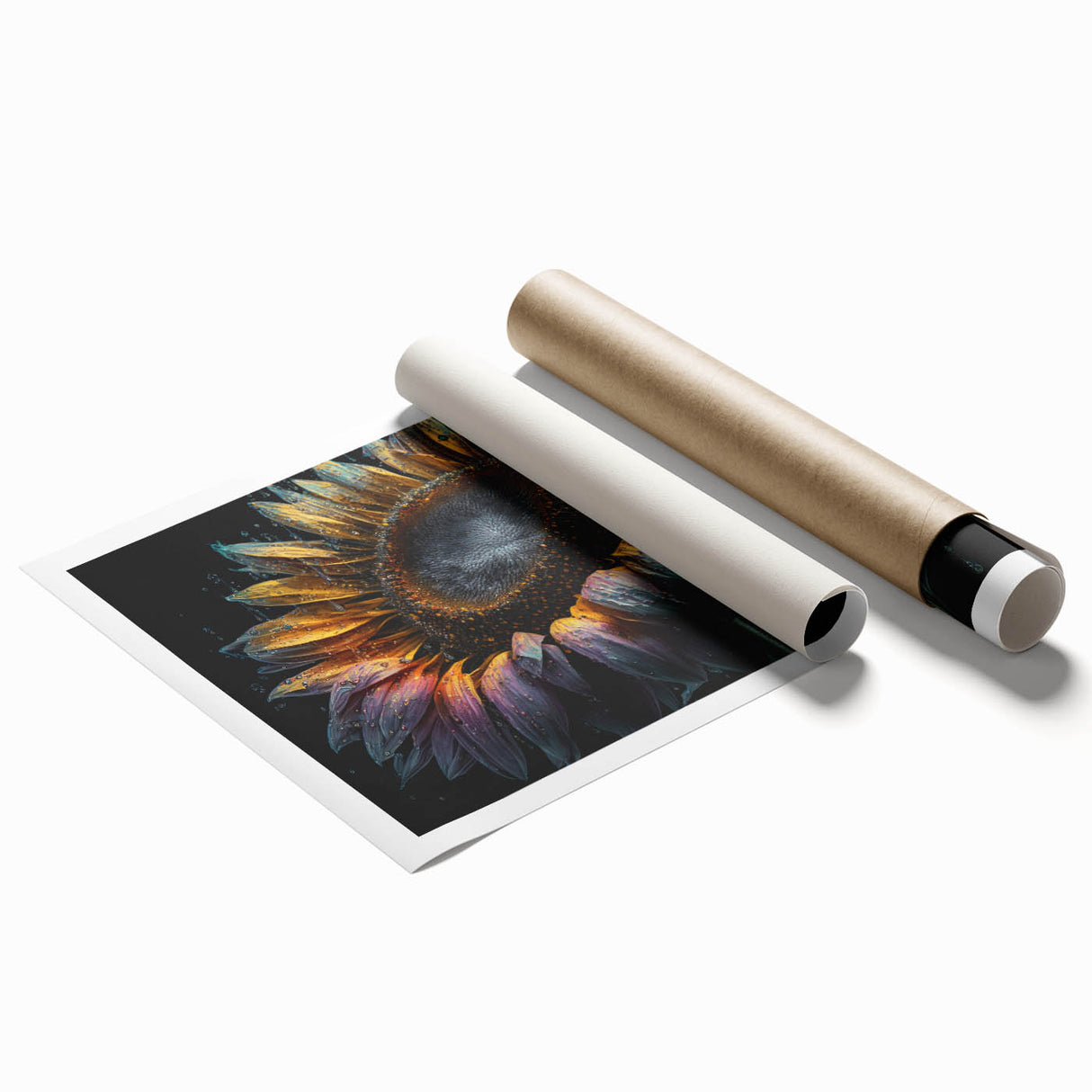 Brightly colored botanical wall art featuring a detailed sunflower design on a rolled print, ideal for home decor, showcasing vibrant yellows and greens.