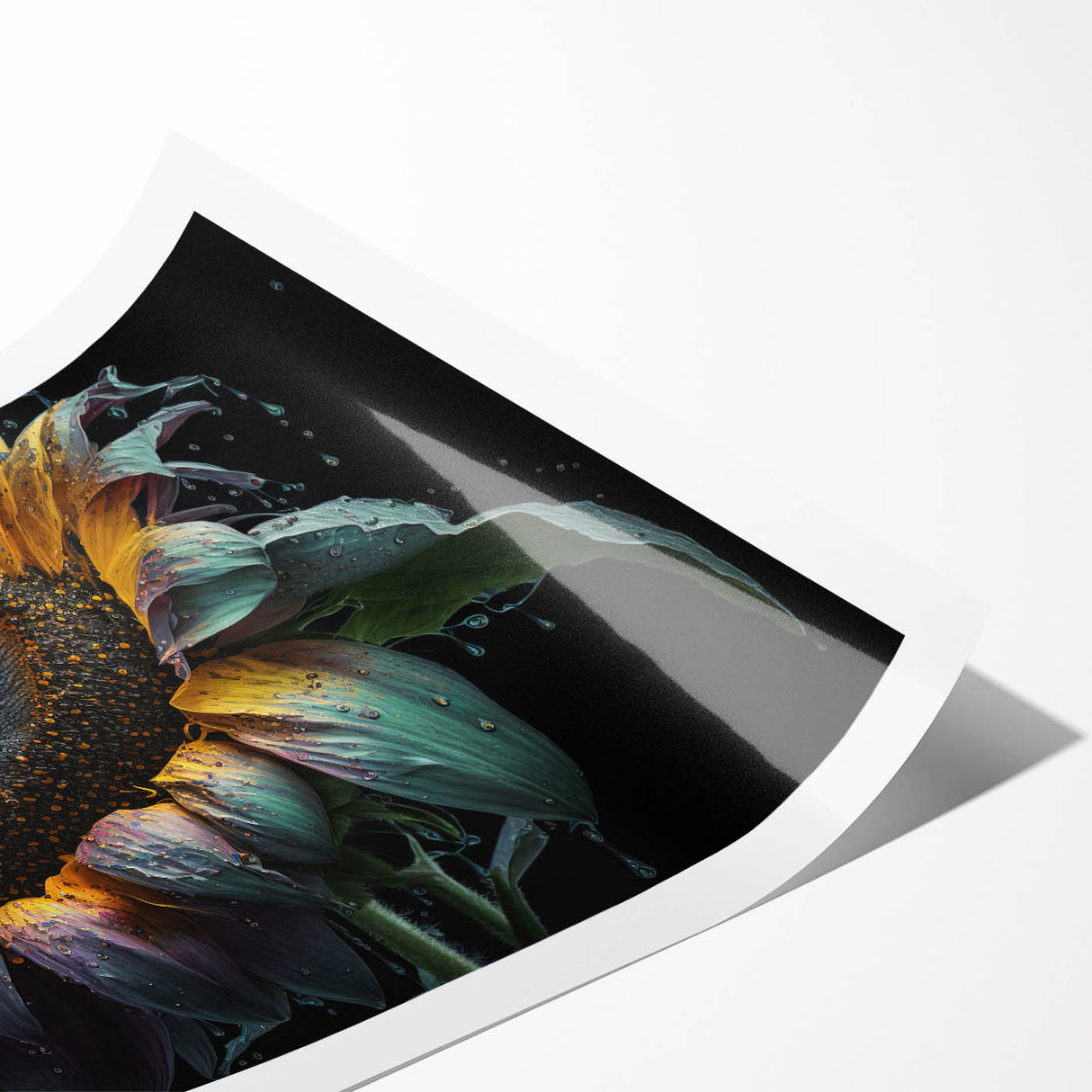 Vibrant botanical wall art featuring a detailed sunflower design on a rolled print, ideal for home decor, showcasing bright yellow petals and green leaves. Perfect for adding a touch of nature-inspired elegance to any room.