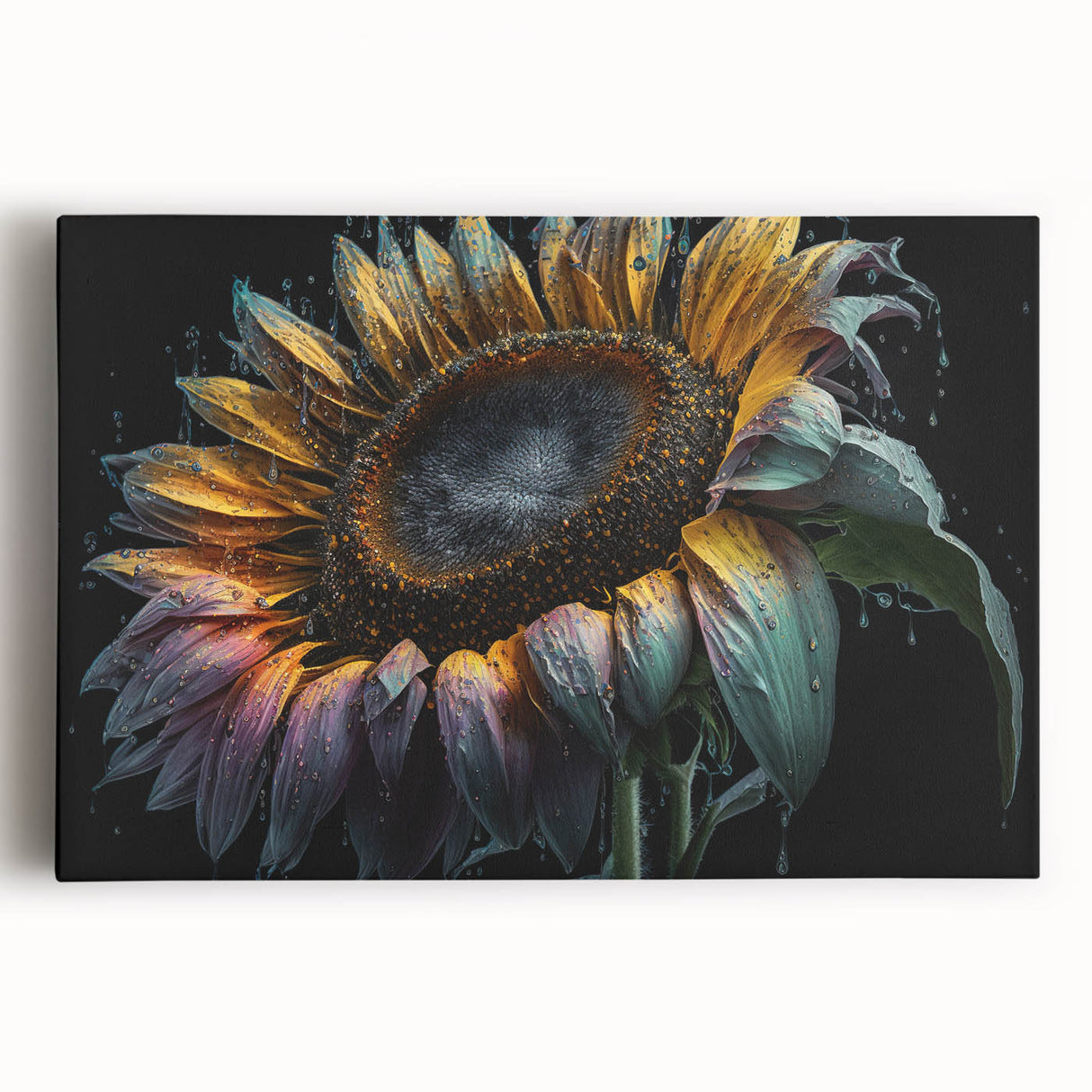 Bright yellow sunflower wall art on stretched canvas, showcasing intricate botanical details and vibrant colors, perfect for home decor or nature enthusiasts.