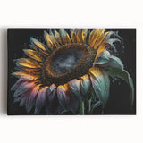 Bright yellow sunflower wall art on stretched canvas, showcasing intricate botanical details and vibrant colors, perfect for home decor or nature enthusiasts.