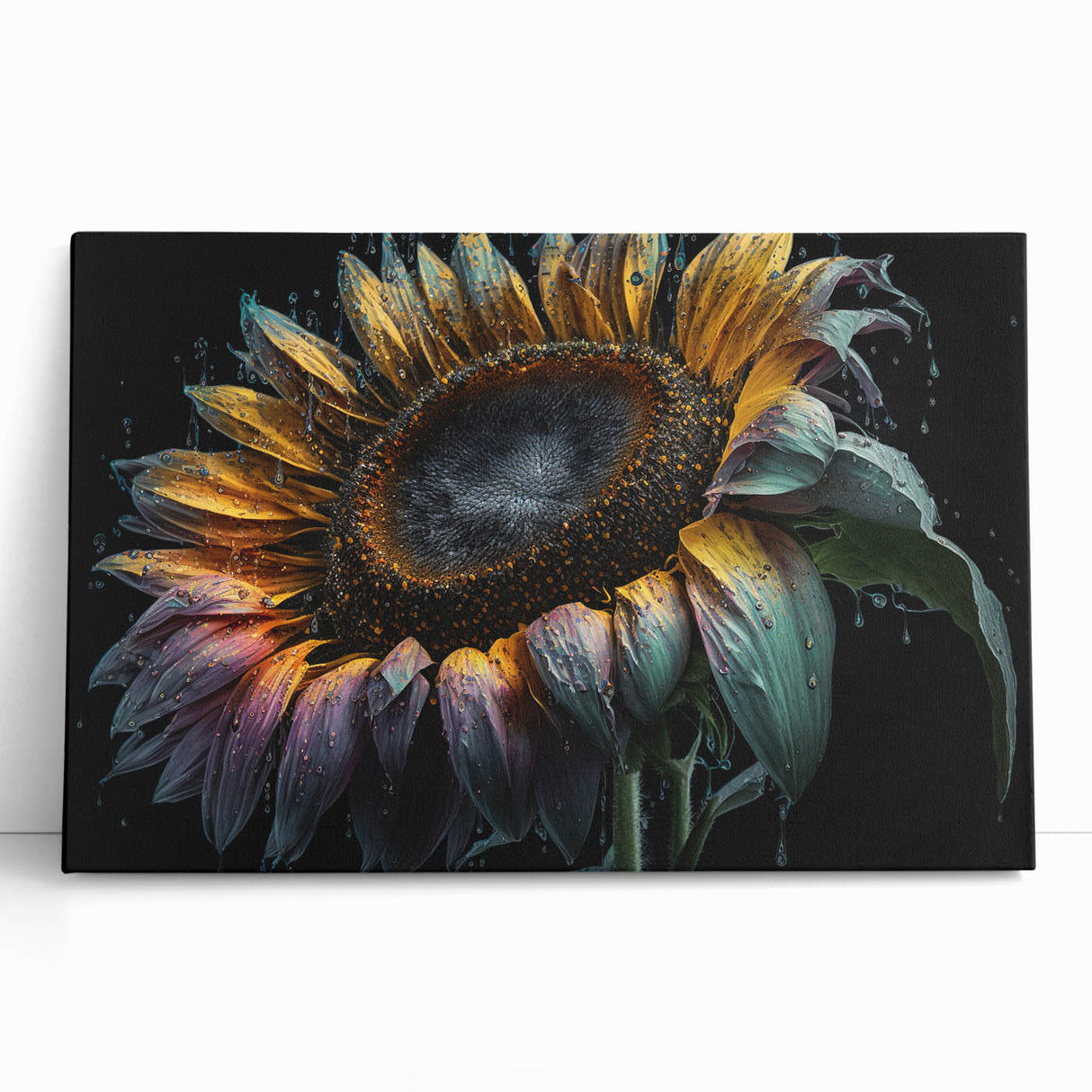 Vibrant botanical sunflower wall art design printed on stretched canvas, showcasing rich yellow and green hues, perfect for enhancing home decor and brightening spaces.