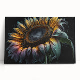Vibrant botanical sunflower wall art design printed on stretched canvas, showcasing rich yellow and green hues, perfect for enhancing home decor and brightening spaces.