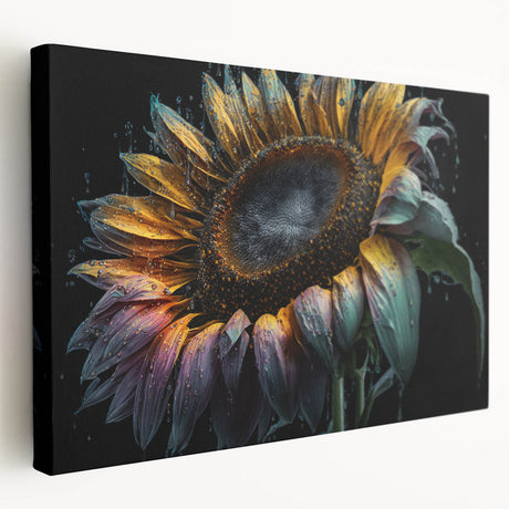 Stretched canvas wall art showcasing a vibrant botanical sunflower design in side view, perfect for adding a cheerful touch to home decor.