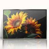 Framed wall art featuring a vibrant botanical sunflower design, accented with silver frame, ideal for brightening home decor or adding a touch of nature-inspired elegance to any room.