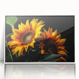 Framed wall art featuring a vibrant botanical sunflower design in acrylic, showcasing bright yellow petals and green leaves, perfect for home decor.