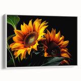 Framed canvas wall art featuring a vibrant sunflower botanical design in a sleek white frame, ideal for brightening home decor and enhancing aesthetic appeal.