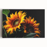 Vibrant sunflower botanical wall art design on stretched canvas, showcasing rich yellow petals against a neutral background, perfect for brightening home decor.