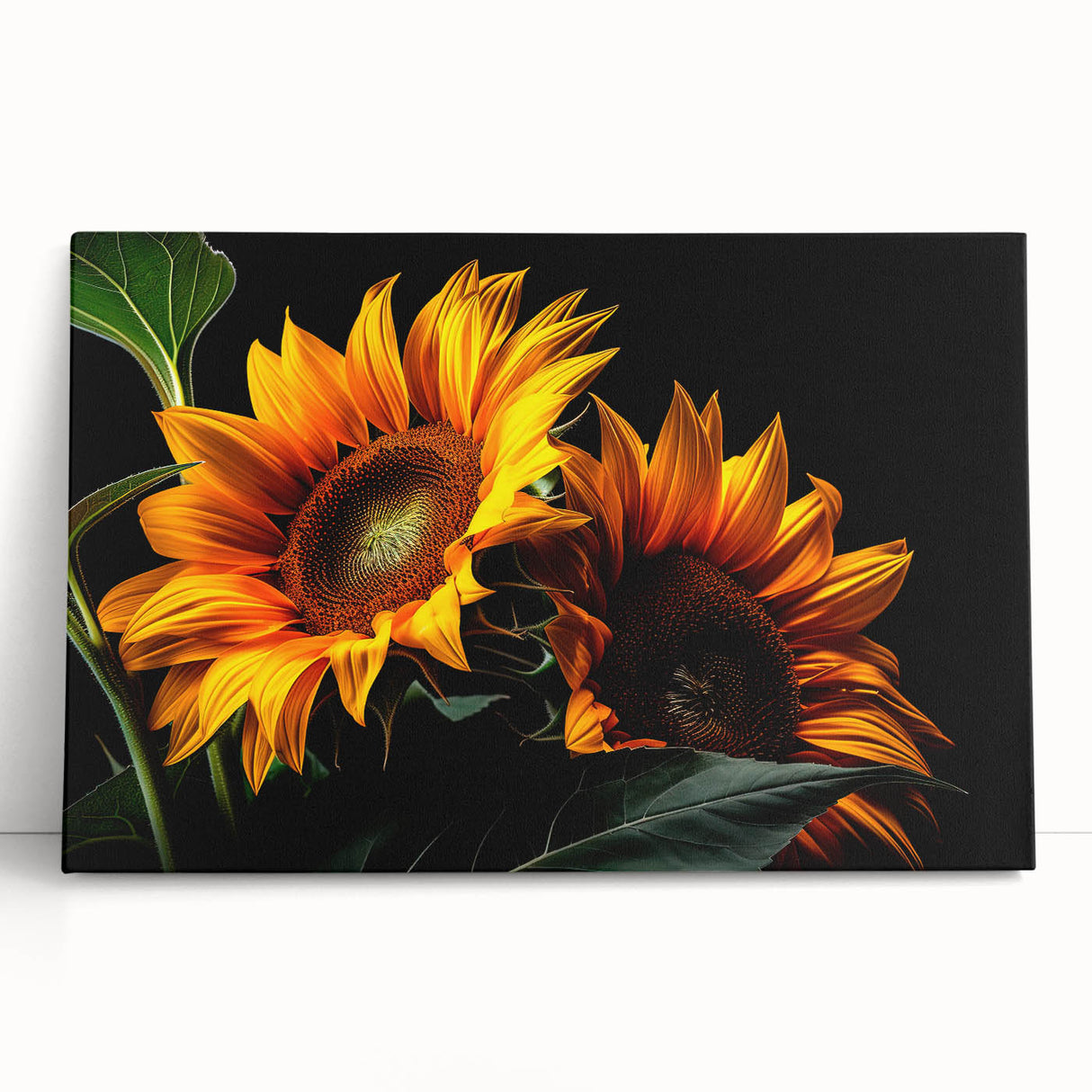 Stretched canvas wall art featuring a vibrant botanical sunflower design, leaning against a white wall, showcasing bright yellow petals and intricate details. Perfect for adding a cheerful touch to any room decor.