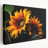 Stretched canvas depicting a vibrant botanical sunflower design, showcasing rich yellow petals and green leaves, ideal for brightening any room's decor.