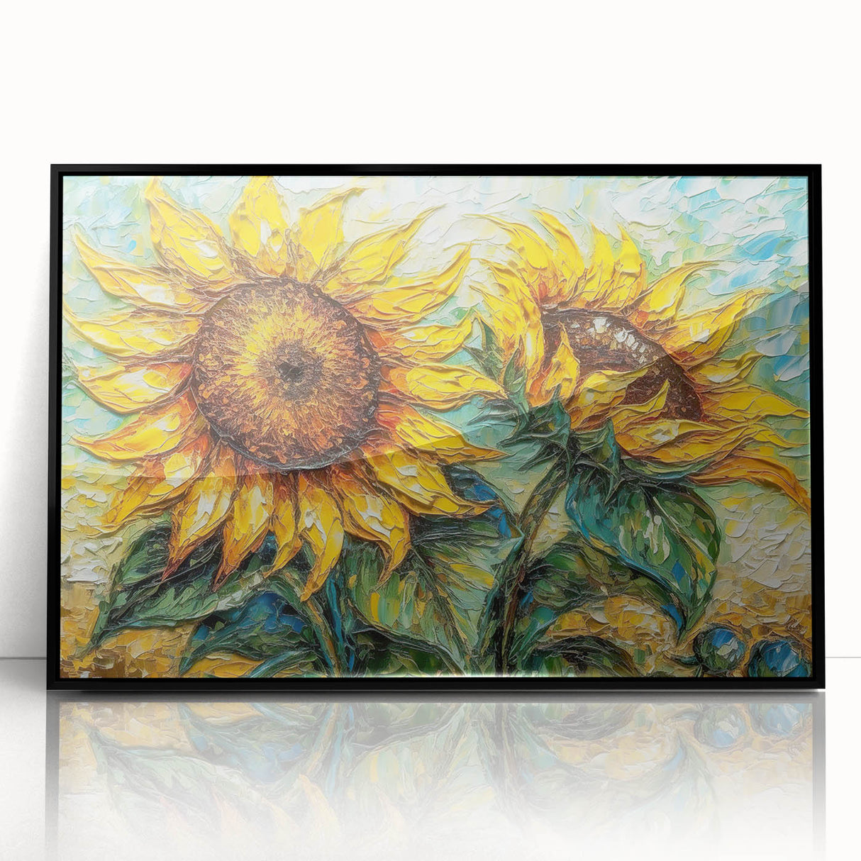 Framed wall art featuring a vibrant botanical sunflower design, set in a sleek black frame, showcasing bright yellow petals and intricate details against a white background, perfect for home decor or nature-themed interiors.