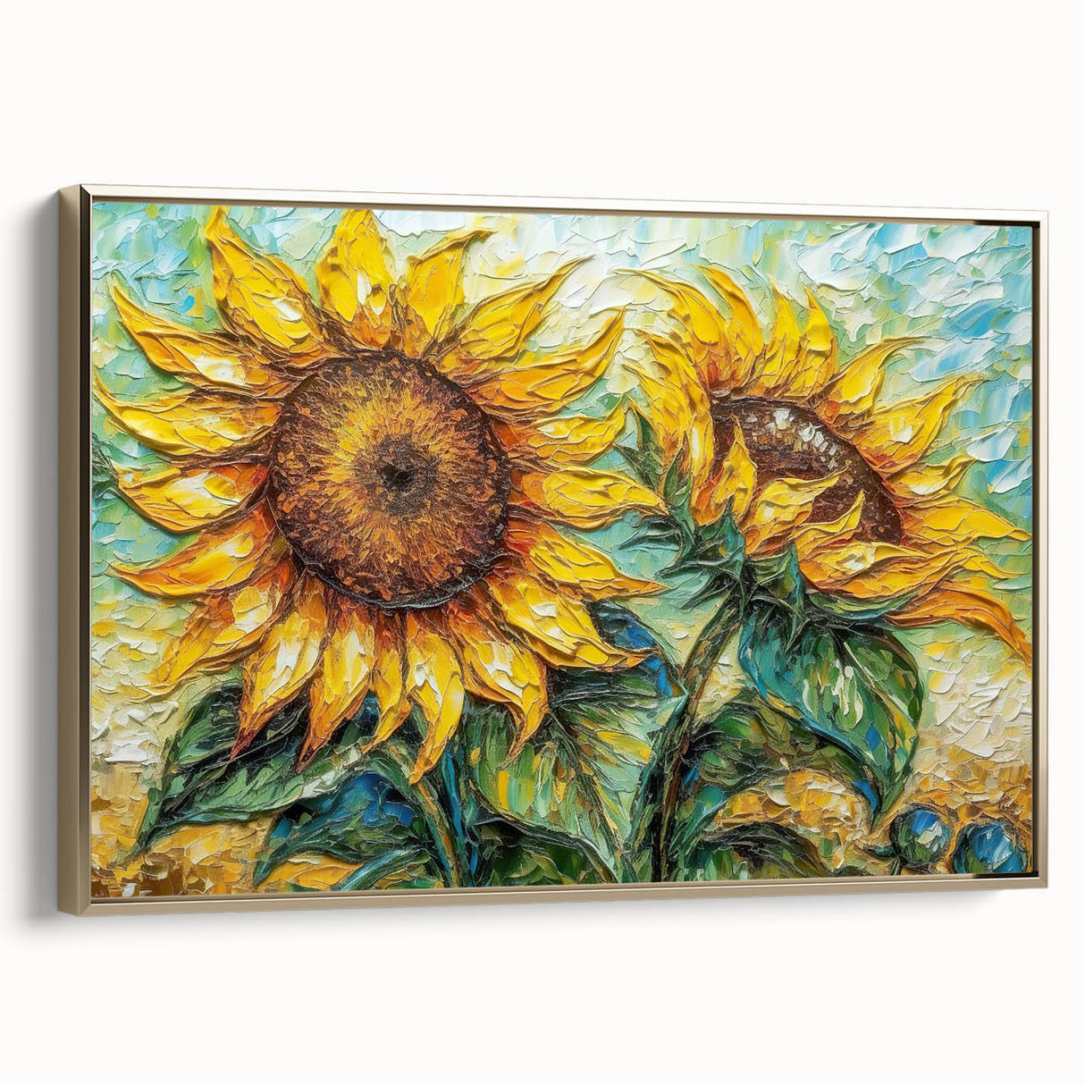 Framed canvas wall art showcasing a vibrant botanical sunflower design with gold accents, viewed from the side to highlight its elegant profile and texture. Ideal for adding a touch of nature-inspired decor to any room.