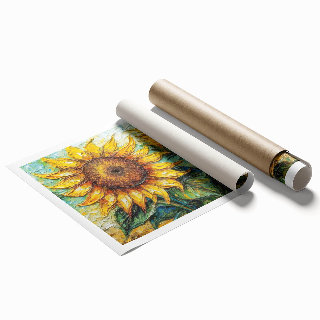 Bright and vibrant botanical sunflower wall art print featuring intricate details of sunflower petals and leaves, ideal for home decor or nature-themed spaces, rolled up for easy shipping.