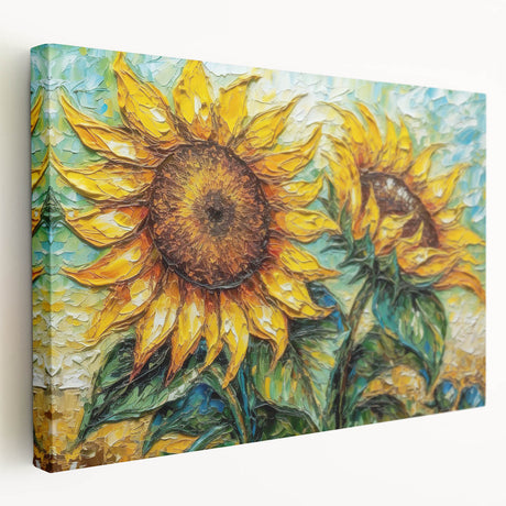 Stretched canvas wall art showcasing a vibrant sunflower design with intricate botanical details, ideal for brightening home decor.