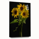 Acrylic glass wall art featuring a vibrant sunflower botanical design, showcasing rich yellow petals and lush green leaves, perfect for brightening any space.