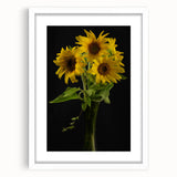 Framed botanical wall art featuring a vibrant sunflower design with a white mat, perfect for home decor, showcasing a modern aesthetic and natural beauty.