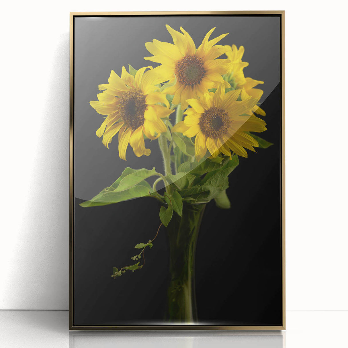 Framed botanical wall art featuring a vibrant sunflower design with a gold-accented frame, ideal for home decor, adding a touch of nature and elegance.